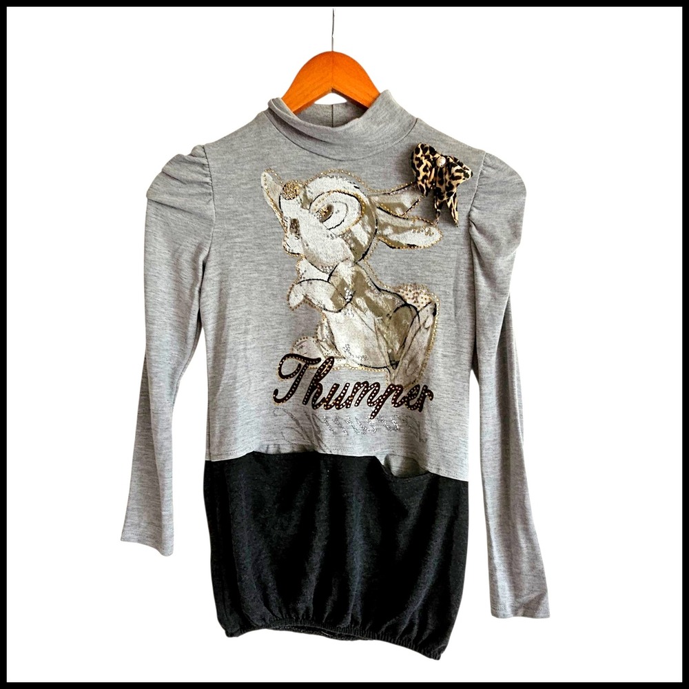 Etelya Thumper Top Disney Long Sleeve Bow Accent Gray Black Kids Size 12 13 Year